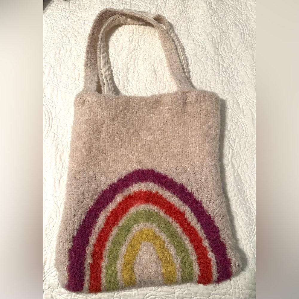 Free People Cream and Red Rainbow Fuzzy Tote